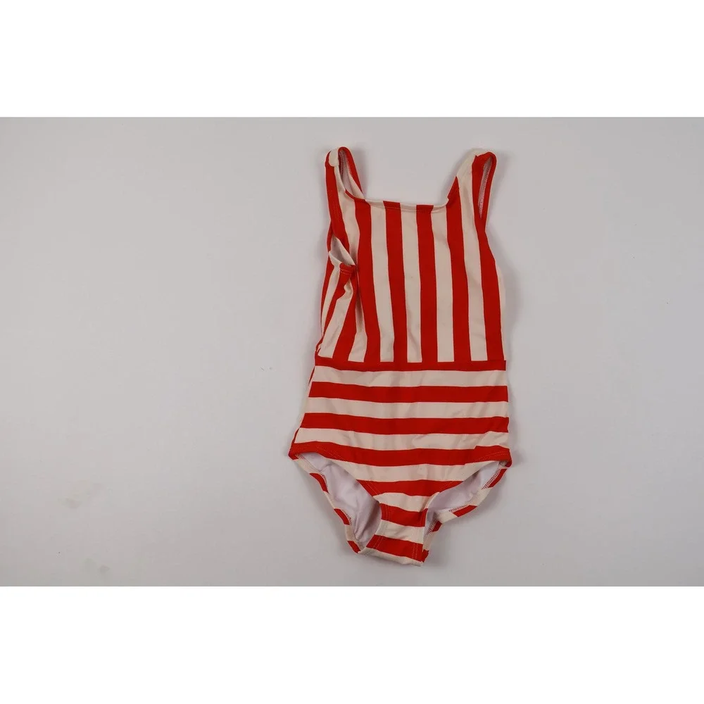 Hanna Andersson Swimsuit One Piece Red White Striped Cherry Bow Size 6-7